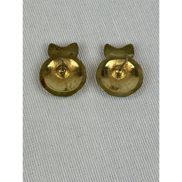 Smiley Face Rhinestone Stud Earrings Black Hair Bow Gold Tone - Picture 2 of 7